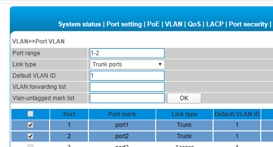 Chuyển 2 port cần nhóm về Port Trunk trong VLAN  Port VLAN