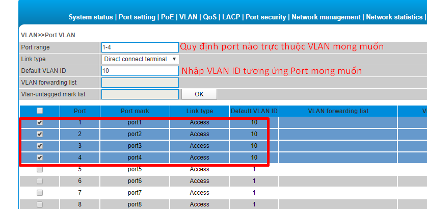 Gán Port vào VLAN, Nhấn OK để hoàn thành